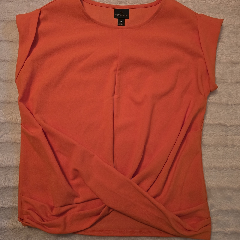 Worthington Orange Asymmetrical Tie Front Cap Sleeve Blouse